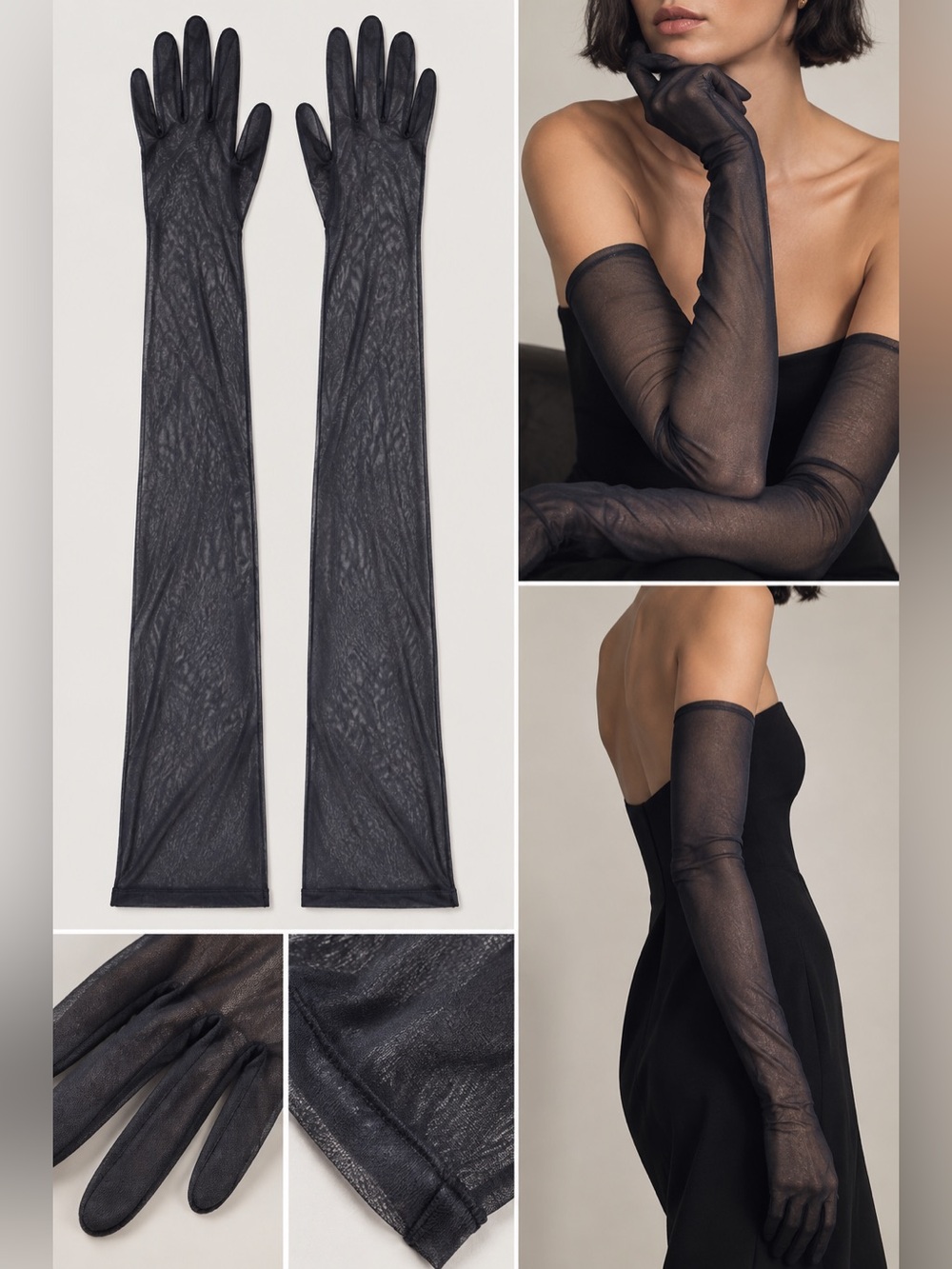 Sheer Elbow-Long Black Mesh Gloves